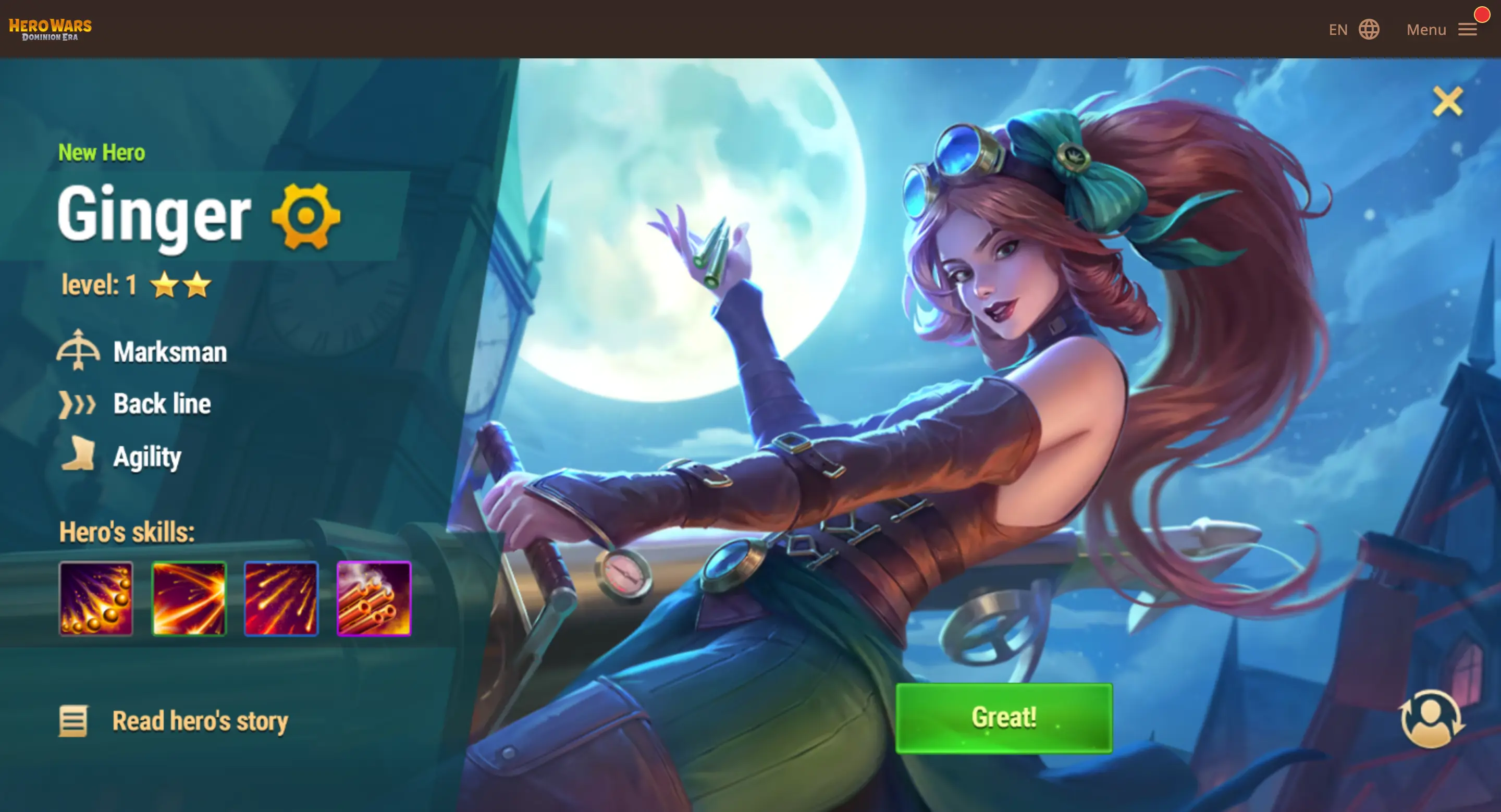 Step 7: New hero Ginger reveal with image and skill information
