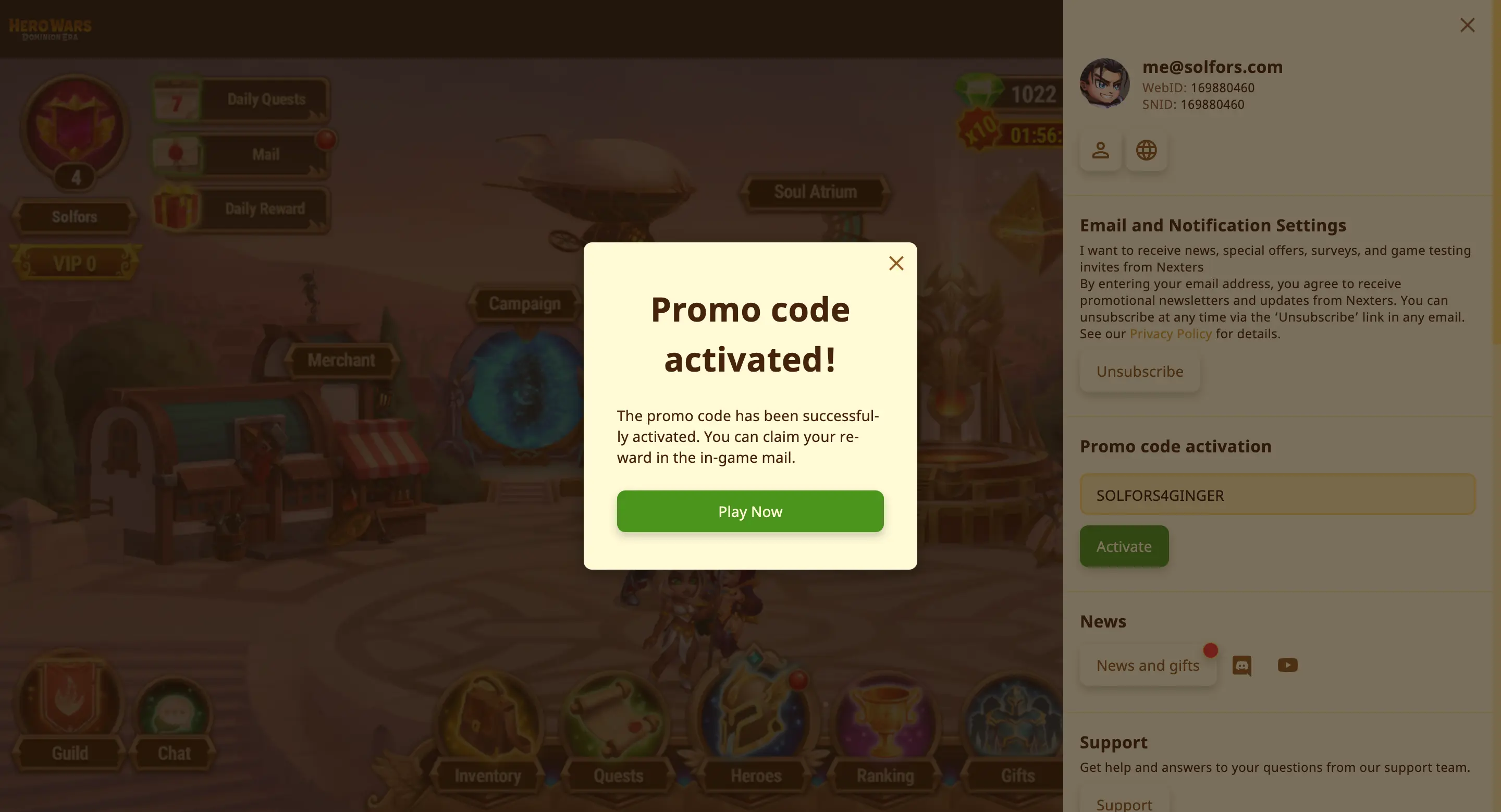 Step 3: Promo code activated confirmation with Play Now button