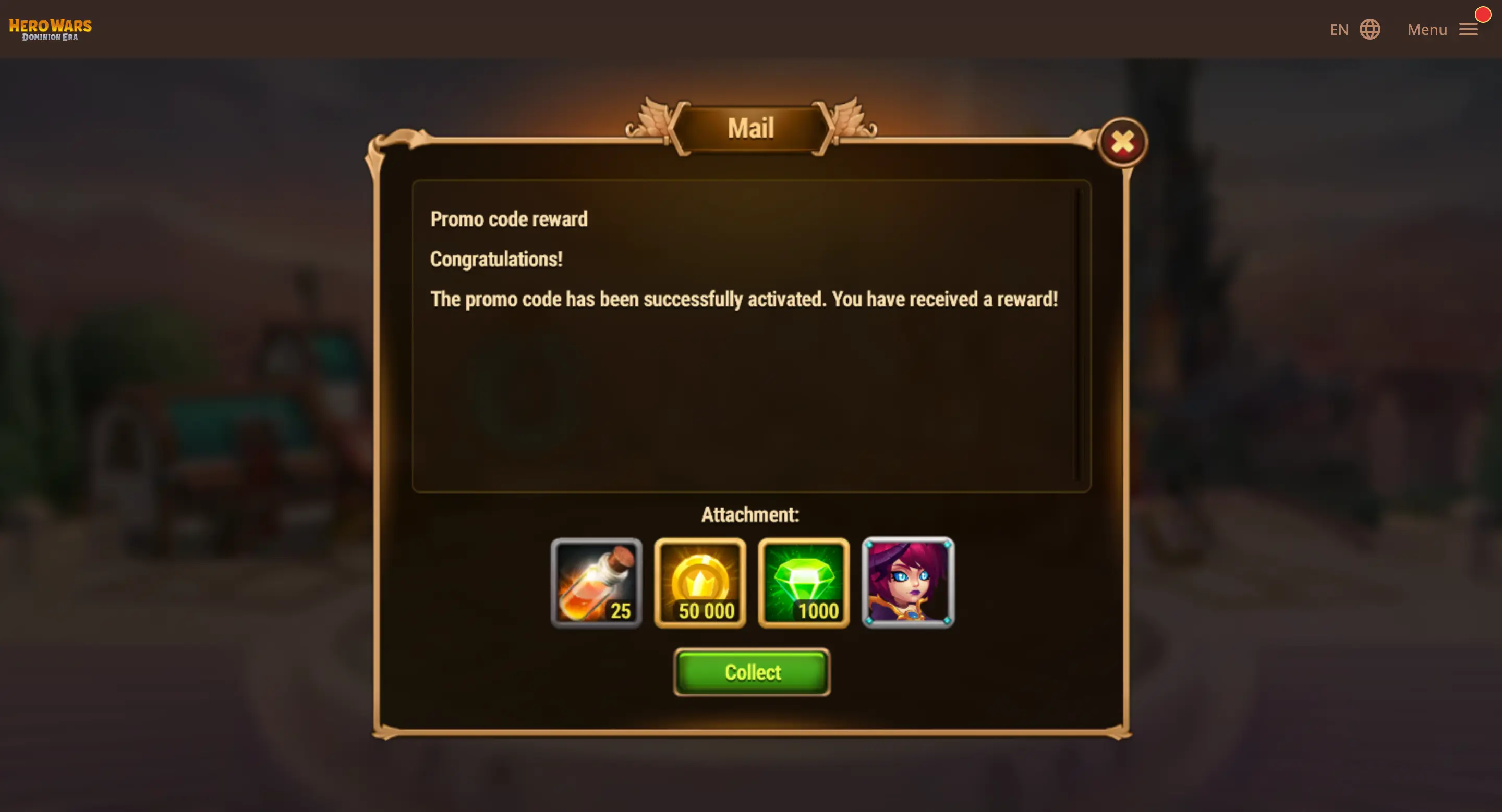 Step 6: Opened mail showing reward items and Collect button