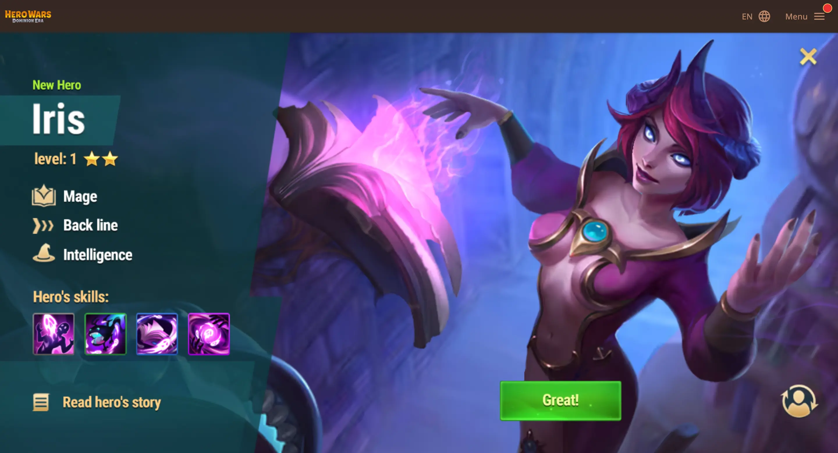 Step 7: New hero Iris reveal with image and skill information