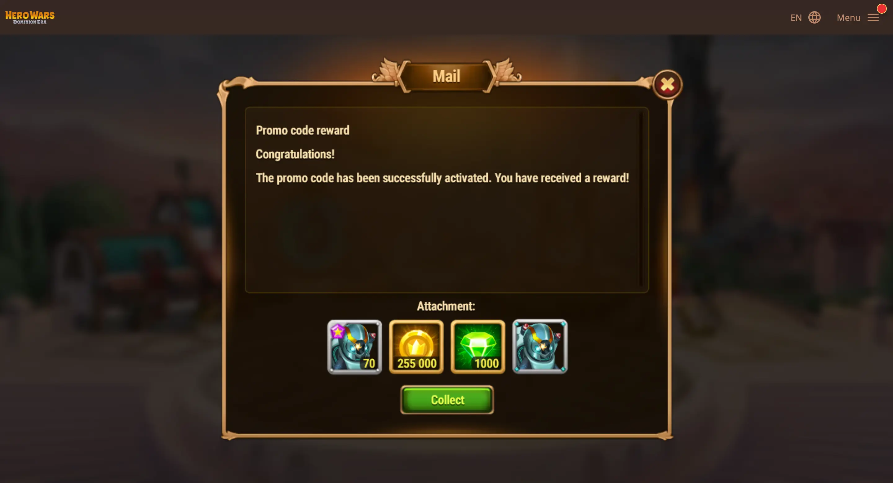 Step 6: Opened mail showing reward items and Collect button