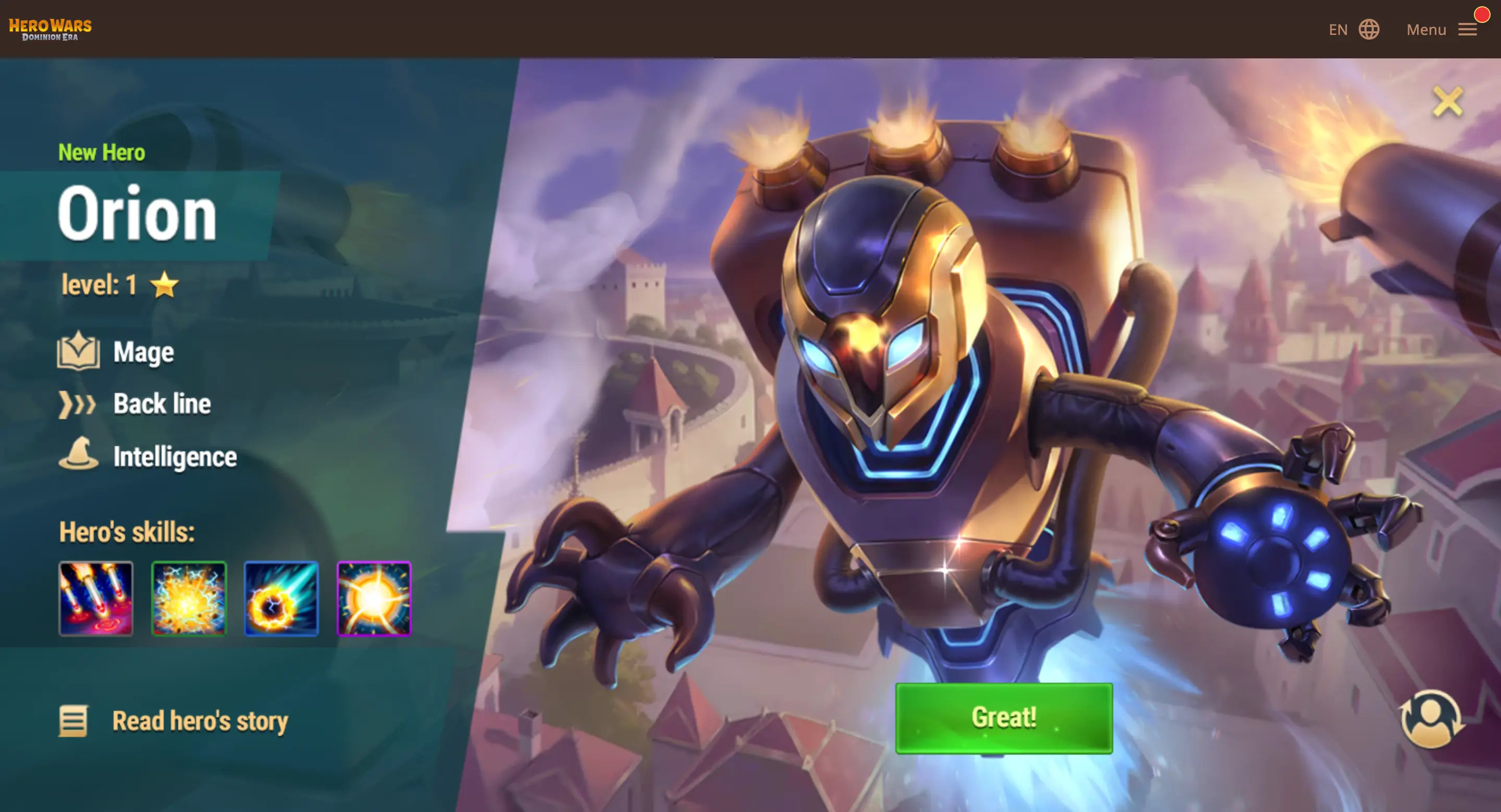 Step 7: New hero Orion reveal with image and skill information