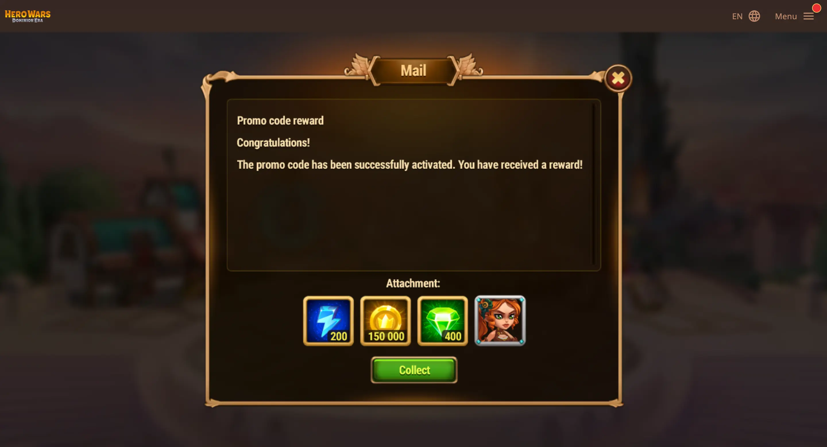 Step 6: Opened mail showing reward items and Collect button